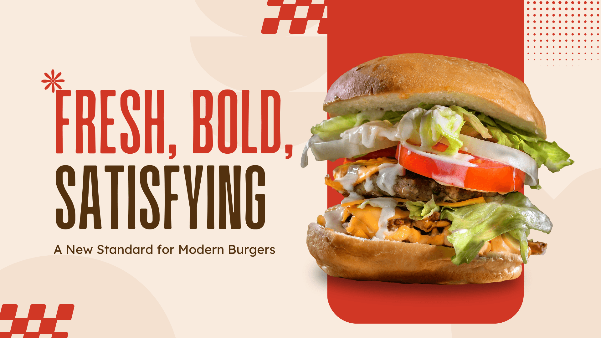Digital signage slide advertising a burger with the headline Fresh, Bold, Satisfying